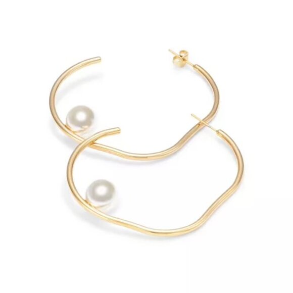 NWT | Anthropologie Shashi Imitation Pearl Large Gold Tone Hoop Earrings - Picture 4 of 5